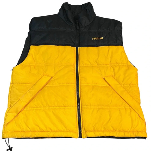 Vintage 90s Starter Reversible Puffer Vest XL Black Gold Nylon Streetwear - Picture 1 of 7
